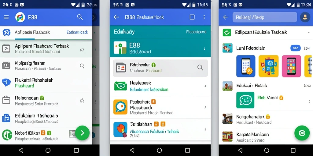 Antarmuka E88 menunjukkan fitur Flashcard yang interaktif dan menarik.
