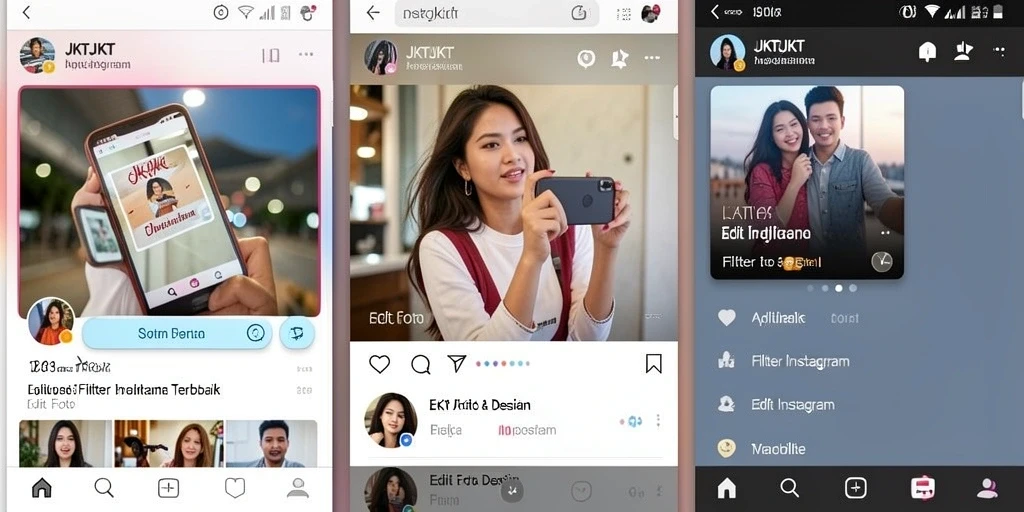 Tampilan antarmuka aplikasi JKTJKT dengan berbagai efek filter Instagram.