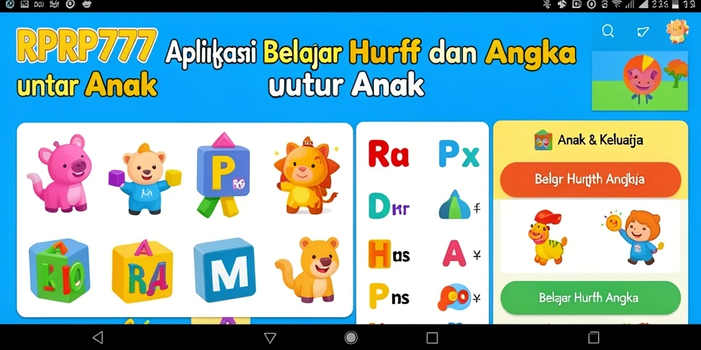 Antarmuka interaktif RPRP777 untuk anak belajar huruf dan angka.